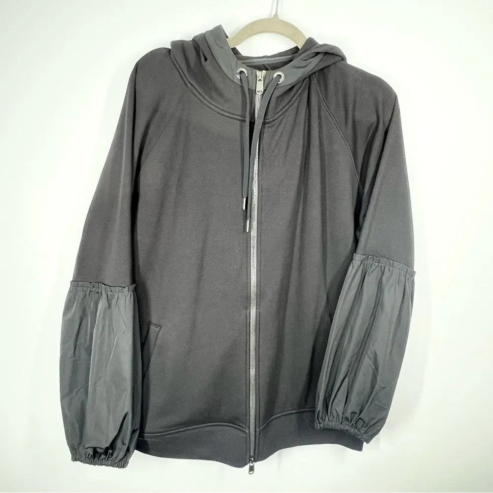 Athleta On My Way Triumph Double Zip Hoodie Sweatshirt Puff Sleeves Large